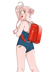 Rule 34 | 1girl, ahoge, alternate costume, ass, backpack, bag, ball, bandaid, bandaid on ass, barefoot, blue one-piece swimsuit, competition school swimsuit, double bun, feet out of frame, flat ass, from behind, full body, glasses, hair bun, highres, kantai collection, legs, long hair, looking at viewer, looking back, makigumo (kancolle), ojipon, one-piece swimsuit, pink hair, randoseru, school swimsuit, simple background, sitting, solo, standing, swimsuit, v, white background, yellow eyes
