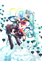 Rule 34 | 1girl, aqua hair, earth (planet), closed eyes, female focus, full body, hatsune miku, headphones, long hair, naokichi, necktie, skirt, solo, tell your world (vocaloid), thighhighs, twintails, very long hair, vocaloid, white background, zettai ryouiki