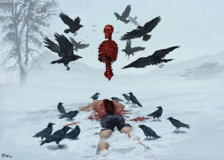 Rule 34 | animal, artist name, bird, blood, corpse, crow, flying, full body, highres, original, outdoors, shorts, simple bird, skeleton, sky, snow, surreal, too many, too many birds, topless, tree, user jmfx5275