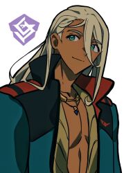Rule 34 | 1boy, asticassia school uniform, blonde hair, closed mouth, collarbone, commentary, dark-skinned male, dark skin, english commentary, green eyes, green jacket, grgrton, gundam, gundam suisei no majo, hair between eyes, highres, jacket, jewelry, long hair, long sleeves, looking at viewer, male focus, necklace, open clothes, open jacket, pectorals, school uniform, shaddiq zenelli, simple background, smile, solo, upper body, white background