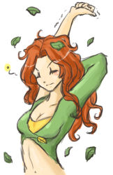 Rule 34 | 1girl, alternate hairstyle, artist request, cleavage cutout, closed eyes, clothing cutout, dota (series), dota 2, female focus, green shirt, leaf, long hair, red hair, shirt, simple background, solo, stretching, white background, windranger (dota)