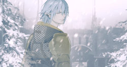 Rule 34 | 1boy, absurdres, armor, blurry, blurry background, chainmail, closed eyes, colored eyelashes, earclip, elezen, elf, facing viewer, fan mu zhang, final fantasy, final fantasy xiv, grey hair, haurchefant greystone, highres, looking back, male focus, pauldrons, pine tree, pointy ears, short hair, shoulder armor, smile, snow, snowing, solo, tree