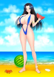 Rule 34 | 1girl, absurdres, akiranime, anklet, aqua eyes, bare shoulders, beach, bird, black hair, blue one-piece swimsuit, blue sky, bracelet, breasts, bursting breasts, cameltoe, cleavage, cleft of venus, clothing cutout, cloud, cloudy sky, covered erect nipples, crab, day, eating, eyes visible through hair, feet, female focus, fingernails, flirting, food, fruit, full body, hand on own breast, highres, holding, holding food, holding fruit, hourglass, huge breasts, huge nipples, implied sex, impossible clothes, impossible swimsuit, jewelry, legs, lipstick, long hair, long legs, looking at viewer, makeup, narrow waist, naughty face, navel, navel cutout, nipples, ocean, one-piece swimsuit, original, revealing clothes, sand, seashell, seductive smile, shell, shiny clothes, shiny skin, sky, slingshot swimsuit, smile, solo, swimsuit, toes, water, watermelon, waves, wavy hair