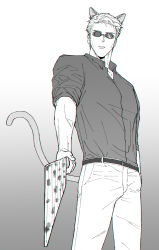 Rule 34 | 1boy, animal ears, belt, cat ears, cat tail, commentary request, ega (egavinote), from below, goggles, greyscale, highres, holding, holding weapon, jujutsu kaisen, korean commentary, long sleeves, looking at viewer, male focus, monochrome, nanami kento, necktie, pants, parted lips, shirt, short hair, sleeves rolled up, suspenders, tail, weapon