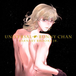 Rule 34 | 1boy, barnaby brooks jr., blonde hair, derivative work, from behind, glasses, gloves, green eyes, looking back, macross, macross frontier, male focus, nude, parody, sheryl nome, solo, space, takeo (honeybunny), tiger &amp; bunny, universal bunny