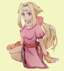 Rule 34 | 1girl, blonde hair, bow, breasts, dress, facial mark, female focus, fingerless gloves, fiona (zoids), forehead mark, full body, gloves, hair bow, long hair, looking at viewer, orange footwear, orange gloves, pink bow, pink dress, red eyes, reppu-kun, short sleeves, simple background, sitting, small breasts, smile, yellow background, zoids
