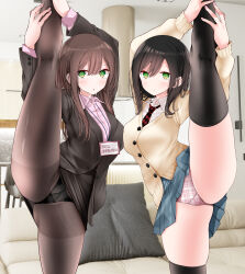 Rule 34 | 2girls, @ @, arms up, black jacket, black pantyhose, black skirt, black thighhighs, blue skirt, blush, breast press, breasts, brown hair, brown pantyhose, closed mouth, collared shirt, commentary request, eyelashes, feet out of frame, fine fabric emphasis, formal, green eyes, gusset, hair between eyes, hands on own leg, hands on own legs, high-waist skirt, highres, indoors, jacket, jk-chan (oouso), kneepits, large breasts, legs, long hair, long sleeves, looking at viewer, medium hair, miniskirt, multiple girls, nail polish, necktie, office lady, ol-chan (oouso), oouso, original, panties, panties under pantyhose, pantyhose, photo background, pink nails, pink panties, pink shirt, red necktie, ringed eyes, school uniform, shirt, sidelocks, skindentation, skirt, skirt suit, split, standing, standing on one leg, standing split, suit, sweatdrop, swept bangs, thighhighs, thighs, torn clothes, torn pantyhose, trembling, underwear