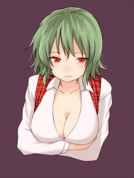 Rule 34 | 1girl, breast hold, breasts, cleavage, dress shirt, green hair, kazami yuuka, large breasts, looking at viewer, miyo (ranthath), plaid, plaid vest, purple background, red eyes, shirt, short hair, simple background, solo, touhou, upper body, vest