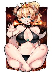Rule 34 | 1girl, bikini, black bikini, blonde hair, blue eyes, borrowed design, bowsette, breasts, breath weapon, breathing fire, choker, crown, earrings, fire, horns, jewelry, kenron toqueen, large breasts, looking at viewer, mario (series), mini crown, navel, new super mario bros. u deluxe, nintendo, ponytail, sitting, smile, solo, spiked choker, spiked tail, spikes, stomach, super crown, swimsuit, tail