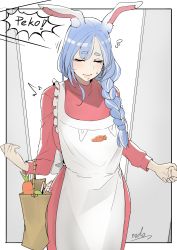Rule 34 | 1girl, absurdres, animal ears, apron, bag, braid, breasts, carrot, doorway, eyelashes, frills, groceries, grocery bag, hair over shoulder, high collar, highres, hololive, house, housewife, large breasts, long sleeves, mature female, mole, mole under eye, pekomama, puzenketsu, rabbit, rabbit ears, rabbit girl, shopping bag, shouting, solo, sweater, virtual youtuber