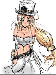 Rule 34 | 1girl, belt, belt buckle, blonde hair, blue eyes, breasts, buckle, cleavage, female focus, freckles, freckles on breasts, hat, lummypixith, medium breasts, original, simple background, sketch, solo, steampunk, white background
