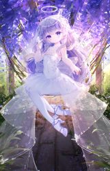 Rule 34 | 1girl, absurdres, areola slip, blue eyes, bride, bug, butterfly, covered navel, dress, flat chest, gloves, halo, hanajiang, high heels, highres, indie virtual youtuber, insect, long hair, outdoors, pantyhose, purple hair, see-through, shanoa (vtuber), shoes, short dress, sitting, smile, solo, strapless, strapless dress, two side up, veil, virtual youtuber, wedding dress, white dress, white footwear, white pantyhose