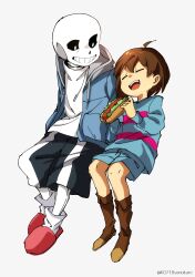 Rule 34 | 1boy, 1other, = =, ahoge, black sclera, black shorts, blue jacket, blue shorts, blue sweater, boots, brown footwear, brown hair, child, closed eyes, colored sclera, commentary, food, frisk (undertale), from side, full body, grey background, grin, hands in pockets, highres, holding, holding food, hot dog, invisible chair, jacket, knee boots, leg warmers, long sleeves, looking at another, open mouth, red footwear, sans (undertale), shirt, short hair, shorts, side-by-side, simple background, sitting, skeleton, slippers, smile, sonokare, sweater, twitter username, undertale, white shirt