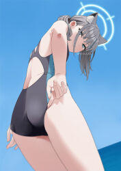 Rule 34 | 1girl, adjusting clothes, adjusting swimsuit, animal ear fluff, animal ears, ass, back, blue archive, blue eyes, blue halo, blue one-piece swimsuit, blue sky, breasts, commentary request, cross, cross hair ornament, dutch angle, from behind, grey hair, hair ornament, halo, inverted cross, leaning forward, long hair, looking at viewer, looking back, mattaku mousuke, official alternate costume, one-piece swimsuit, outdoors, ponytail, shiroko (blue archive), shiroko (swimsuit) (blue archive), sidelocks, sky, small breasts, solo, swimsuit, thighs