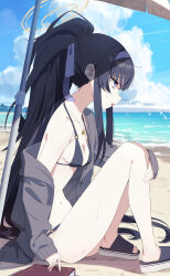 Rule 34 | 1girl, beach, bikini, black bikini, black footwear, black hair, blue archive, blue eyes, blue sky, book, breasts, cardigan, cloud, collarbone, commentary request, day, grey cardigan, halo, highres, ikanyoikanikan, jewelry, long hair, navel, necklace, official alternate costume, open mouth, outdoors, parasol, ponytail, profile, sandals, sitting, sky, small breasts, solo, sweat, swimsuit, toes, ui (blue archive), ui (swimsuit) (blue archive), umbrella, very long hair, yellow halo