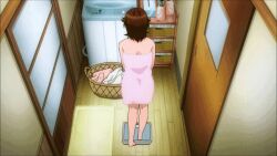 Rule 34 | 1girl, amagami, armpits, ass, back, bakadere, bare back, bare hips, bare legs, barefoot, bathroom, bathroom scale, blush, breast press, breasts, brown eyes, brown hair, censored, collarbone, completely nude, covering breasts, covering privates, feet, indoors, knees, knees to chest, knees up, large breasts, legs, lying, messy hair, nervous, nude, on back, on towel, open mouth, pink towel, plump, sakurai rihoko, scale, short hair, solo, squatting, standing, sweat, toenails, toes, towel, weighing scale, weight conscious, weight gain