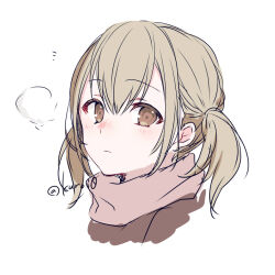 Rule 34 | 1girl, azusawa kohane, blush, breath, brown eyes, brown hair, closed mouth, cropped shoulders, hair between eyes, kuroi (liar-player), looking at viewer, nose blush, notice lines, pink scarf, project sekai, scarf, simple background, solo, twintails, twitter username, white background