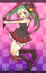 Rule 34 | 1girl, aqua hair, boots, bow, bowtie, hair bow, hair ribbon, hat, hatsune miku, highres, long hair, microphone, microphone stand, open mouth, plaid, red eyes, ribbon, skirt, solo, top hat, tosura-ayato, twintails, vocaloid