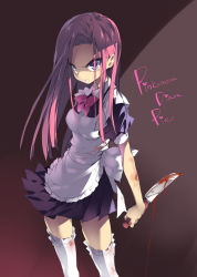 Rule 34 | 1girl, bad id, bad pixiv id, blood, blood on clothes, bloody knife, blue eyes, bow, character name, clenched teeth, dark persona, emily (pure dream), holding, knife, long hair, looking at viewer, maid, my little pony, my little pony: friendship is magic, personification, pink hair, pinkie pie, reverse grip, simple background, skirt, solo, teeth, thighhighs, white thighhighs