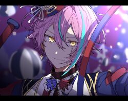 Rule 34 | 1boy, blue eyes, blue jacket, closed mouth, earrings, hat, highres, hoshi-toge, jacket, jewelry, kamishiro rui, long sleeves, looking at viewer, multicolored hair, project sekai, purple hair, short hair, smile, solo, streaked hair, ten no hate no phoenix e (project sekai), top hat, two-tone bowtie, upper body, yellow eyes