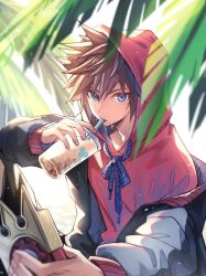Rule 34 | 1boy, blue eyes, brown hair, bubble tea, crown (symbol), cup, disposable cup, drinking, drinking straw, drinking straw in mouth, hair between eyes, holding, holding cup, hood, hood up, hoodie, jacket, jacket partially removed, kingdom hearts, long sleeves, looking at viewer, male focus, mickey, palm leaf, palm tree, red hoodie, selfie, short hair, solo, sora (kingdom hearts), spiked hair, tree, upper body, water, yurichi (artist)