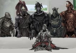Rule 34 | armor, banished knight, belt, bloodhound knight, breastplate, character request, commentary request, couch, crucible knight, elden ring, facing another, facing viewer, from software, full armor, gauntlets, gelmir knight, helm, helmet, highres, horns, indoors, knight, meme, multiple boys, night&#039;s cavalry, pauldrons, piper perri surrounded (meme), shoulder armor, sitting, standing, tarnished (elden ring), tworain w