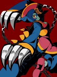 Rule 34 | 1girl, bad id, bad pixiv id, blue hair, blue skin, capcom, chain, chinese clothes, claws, colored skin, flipped hair, hat, highres, jiangshi, jumping, lei lei, looking back, mrmk03, ofuda, one-eyed, qingdai guanmao, red background, short hair, simple background, solo, vampire (game)