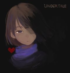 Rule 34 | androgynous, artist name, black background, blue eyes, brown hair, chara (undertale), chibimu, copyright name, evil smile, expressionless, frisk (undertale), gender request, hair over one eye, heart, open mouth, red eyes, simple background, smile, spoilers, undertale, when you see it