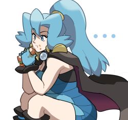 Rule 34 | ..., 1girl, black cape, blue bodysuit, blue eyes, blue gloves, bodysuit, breasts, cape, chewing, clair (pokemon), creatures (company), eating, food, game freak, gem, gloves, highres, jewelry, long hair, loveycloud, medium breasts, messy, multiple rings, nintendo, pearl (gemstone), pokemon, pokemon dppt, ponytail, ring, sandwich, simple background, stain, thighs, white background