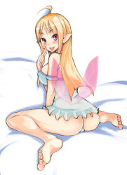 Rule 34 | 1girl, ahoge, ass, bad id, bad pixiv id, barefoot, blonde hair, breasts, elf, fairy, feet, large breasts, panties, pointy ears, red eyes, solo, takayama toshinori, toes, tongue, tongue out, underwear, wings