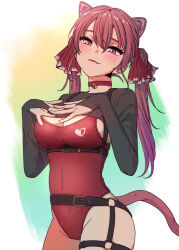 Rule 34 | 1girl, absurdres, animal ears, blush, breast suppress, breasts, cat day, cat ears, cat tail, closed mouth, commentary request, covered navel, cowboy shot, drill hair, eyebrows hidden by hair, fang, fang out, hand over heart, hands on own chest, heterochromia, highres, hololive, houshou marine, jangmaseason, large breasts, red eyes, red hair, ringlets, solo, tail, twin drills, twintails, virtual youtuber, yellow eyes