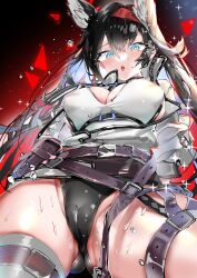 Rule 34 | 1girl, absurdres, animal ear fluff, animal ears, arknights, black hair, black panties, blaze (arknights), blue eyes, breasts, cameltoe, cat ears, cat girl, from below, grey thighhighs, hairband, highres, jacket, large breasts, long hair, looking at viewer, looking down, open mouth, panties, red hairband, single thighhigh, solo, sweat, tank top, tekona0, thigh strap, thighhighs, underwear, white jacket, white tank top