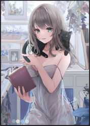 Rule 34 | 1girl, animal, animal on shoulder, bare arms, bare shoulders, black border, black cat, blue eyes, blue flower, blush, book, border, cat, collarbone, commentary request, dress, flower, grey dress, grey hair, highres, holding, holding book, indoors, looking at viewer, open book, original, puracotte, see-through, signature, sleeveless, sleeveless dress, smile, solo, strap slip