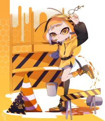 Rule 34 | 1girl, :o, bee print, belt, bike shorts, blonde hair, bucket, bucket spill, commentary, highres, holding, holding key, honeycomb (pattern), inkling, inkling girl, inkling player character, jacket, key, looking at viewer, medium hair, nintendo, open mouth, paint, paint can, puffy sleeves, socks, solo, spill, splatoon (series), squid ikaaa, standing, standing on one leg, tentacle hair, thick eyebrows, traffic cone, yellow eyes, yellow jacket, yellow socks