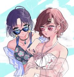 Rule 34 | 2girls, ahoge, ai0 pr, asakura toru, bare shoulders, bikini, black bikini, blue eyes, blue hair, blue jacket, blue sky, breasts, brown hair, cloud, collarbone, dot nose, earrings, floral print, flower earrings, gradient hair, hair ornament, hairclip, hand on another&#039;s shoulder, highres, higuchi madoka, idolmaster, idolmaster shiny colors, jacket, jewelry, lens flare, long sleeves, looking at viewer, medium breasts, mole, mole under eye, multicolored hair, multiple girls, necklace, off shoulder, open clothes, open jacket, open mouth, parted bangs, parted lips, print bikini, purple eyes, see-through, see-through jacket, short hair, sky, sunglasses, swept bangs, swimsuit, upper body, white bikini
