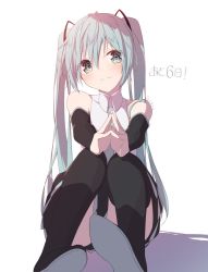Rule 34 | 1girl, aqua eyes, aqua hair, aqua necktie, artist name, bare shoulders, black skirt, black sleeves, black thighhighs, commentary, countdown, detached sleeves, foreshortening, giryu, hair ornament, hands on own knees, hatsune miku, long hair, looking at viewer, miniskirt, necktie, own hands together, pleated skirt, shadow, shirt, sidelighting, sitting, skirt, sleeveless, sleeveless shirt, smile, solo, thighhighs, twintails, very long hair, vocaloid, white shirt