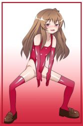 Rule 34 | 1girl, aisaka taiga, bare shoulders, blush, brown hair, elbow gloves, female focus, gloves, haigure, haigure pose, latex, latex gloves, latex legwear, latex leotard, leotard, long hair, looking at viewer, open mouth, red background, red eyes, red latex, red leotard, shiny latex, shiny skin, shoes, thighhighs, tongue, toradora!