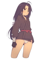 Rule 34 | 1girl, :/, ahoge, black hair, blush, breasts, brown eyes, commentary request, cropped legs, everyntrge, fingerless gloves, fishnets, fundoshi, gloves, grey kimono, japanese clothes, kimono, long hair, looking to the side, low-tied long hair, ninja, original, panties, short kimono, simple background, small breasts, solo, underwear, white background, white panties