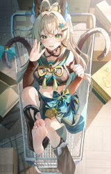 Rule 34 | 1girl, :d, ahoge, animal ears, bare shoulders, black choker, black shirt, blonde hair, blue skirt, cat ears, cat tail, choker, commentary request, crop top, detached sleeves, fake animal ears, genshin impact, green eyes, hair ornament, hairclip, highres, kirara (genshin impact), leg warmers, long hair, long sleeves, looking at viewer, miaogujun, midriff, miniskirt, multiple tails, navel, open mouth, shirt, shopping cart, skirt, smile, solo, stomach, tail, two tails