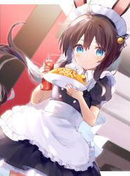 Rule 34 | 1girl, ahoge, alternate costume, amiya (arknights), animal ears, apron, arknights, bell, black dress, blue eyes, blush, brown hair, character name, commentary, cowboy shot, dress, dutch angle, enmaided, food, frilled apron, frills, hair between eyes, holding, holding plate, jingle bell, ketchup bottle, long hair, looking at viewer, maid, maid apron, maid headdress, omelet, omurice, petticoat, plate, puffy short sleeves, puffy sleeves, rabbit ears, short sleeves, smile, solo, toufu mentaru zabuton, waist apron, white apron