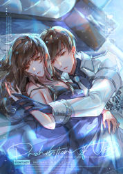 Rule 34 | 1boy, 1girl, absurdres, bai qi (love and producer), black gloves, black shirt, breasts, brown eyes, brown hair, cleavage, coat, dress, gloves, highres, hug, indoors, long hair, long sleeves, love and producer, lying, necktie, on floor, on side, open mouth, polo shirt, protagonist (love and producer), purple dress, rabbitcamilla, shadow, shirt, short hair, sleeveless, sleeveless dress, small breasts, white coat, white necktie, window