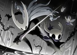 Rule 34 | 5others, blank eyes, chain, cloak, flying, fuifui, full body, grey cloak, holding, holding sword, holding weapon, hollow eyes, hollow knight, hollow knight (character), horned mask, horns, insect wings, knight (hollow knight), mask, multiple others, nail (hollow knight), no humans, sword, weapon, wings