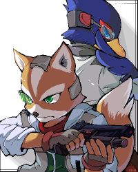 Rule 34 | blue eyes, falco lombardi, fox mccloud, furry, furry male, gloves, green eyes, gun, headset, lowres, nintendo, oekaki, star fox, tail, weapon