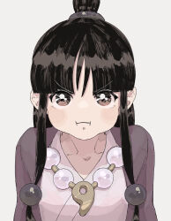 Rule 34 | 1girl, ace attorney, black hair, blush, brown eyes, closed mouth, furrowed brow, grey background, highres, jacket, jewelry, long hair, looking at viewer, magatama, maya fey, necklace, omen hohoho, pout, purple jacket, sidelocks, simple background, solo, upper body