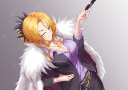 Rule 34 | 1girl, ;), bad id, bad pixiv id, belt, black jacket, black skirt, blazer, blonde hair, bracelet, breasts, christina (princess connect!), christina (real) (princess connect!), cleavage, coat, collared shirt, dress shirt, dutch angle, formal, fur coat, gradient background, hair between eyes, hair ornament, hand on own hip, highres, holding, holding removed eyewear, jacket, jacket on shoulders, jewelry, large breasts, long hair, long sleeves, looking at viewer, loose belt, miniskirt, nail polish, necklace, one eye closed, parted bangs, ponytail, princess connect!, purple nails, purple shirt, saha rei, shirt, simple background, skirt, skirt suit, smile, solo, suit, sunglasses, sunglasses removed, unworn eyewear, white shirt