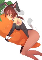 Rule 34 | 1girl, animal ears, bare shoulders, beiruto, blush, breasts, brown eyes, brown hair, carrot, cleavage, detached collar, elbow gloves, fake animal ears, gertrud barkhorn, gloves, hug, medium breasts, pantyhose, playboy bunny, rabbit ears, rabbit tail, short hair, solo, strike witches, tail, twintails, wide hips, world witches series
