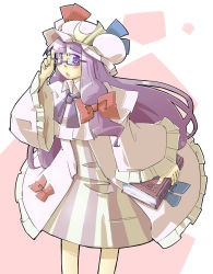 Rule 34 | 1girl, adjusting eyewear, arnest, bespectacled, blush, book, crescent, crescent hair ornament, female focus, glasses, hair ornament, hat, highres, holding, holding book, long hair, looking at viewer, looking over eyewear, matching hair/eyes, parted lips, patchouli knowledge, purple eyes, purple hair, solo, standing, touhou