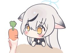 Rule 34 | 1girl, 5uj0, animal ears, animated, animated gif, bare shoulders, black hair, blue archive, blue halo, blush, carrot, chibi, grey hair, halo, highres, holding, holding carrot, kokona (blue archive), long hair, meme, multicolored hair, no mouth, pov cheek grabbing (meme), shaking head, solo focus, streaked hair, white background, yellow eyes