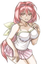 Rule 34 | 1girl, absurdres, ahoge, breasts, camisole, cleavage, collarbone, hair intakes, hair ribbon, highres, kagami sumika, leaning forward, long hair, looking at viewer, medium breasts, mota saru, muv-luv, parted lips, pink skirt, pleated skirt, red eyes, red hair, ribbon, skirt, smile, solo, very long hair, white background, white camisole, yellow ribbon
