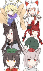 Rule 34 | 6+girls, animal ear fluff, animal ears, bare shoulders, bell, black bow, blonde hair, blue vest, bow, braid, breasts, brown eyes, brown hair, brown shirt, cat ears, chen, choker, closed mouth, dress, e.o., earrings, eyes visible through hair, fang, fox ears, fox tail, gem, goutokuji mike, gradient eyes, green dress, green headwear, green sleeves, grey choker, grey dress, grey hair, grey shirt, hair between eyes, hair bow, hands up, hat, highres, imaizumi kagerou, inubashiri momiji, jewelry, kaenbyou rin, long hair, long sleeves, looking at viewer, looking to the side, medium breasts, mob cap, multicolored clothes, multicolored eyes, multicolored hair, multicolored shirt, multiple girls, multiple tails, neck bell, open mouth, orange eyes, orange hair, orange shirt, pointy ears, puffy short sleeves, puffy sleeves, red dress, red eyes, red hair, red headwear, shirt, short hair, short sleeves, simple background, single earring, sleeveless, sleeveless shirt, smile, t-shirt, tabard, tail, tokin hat, touhou, twin braids, upper body, vest, white background, white dress, white hair, white headwear, white shirt, white sleeves, wolf ears, wristband, yakumo ran, yellow eyes